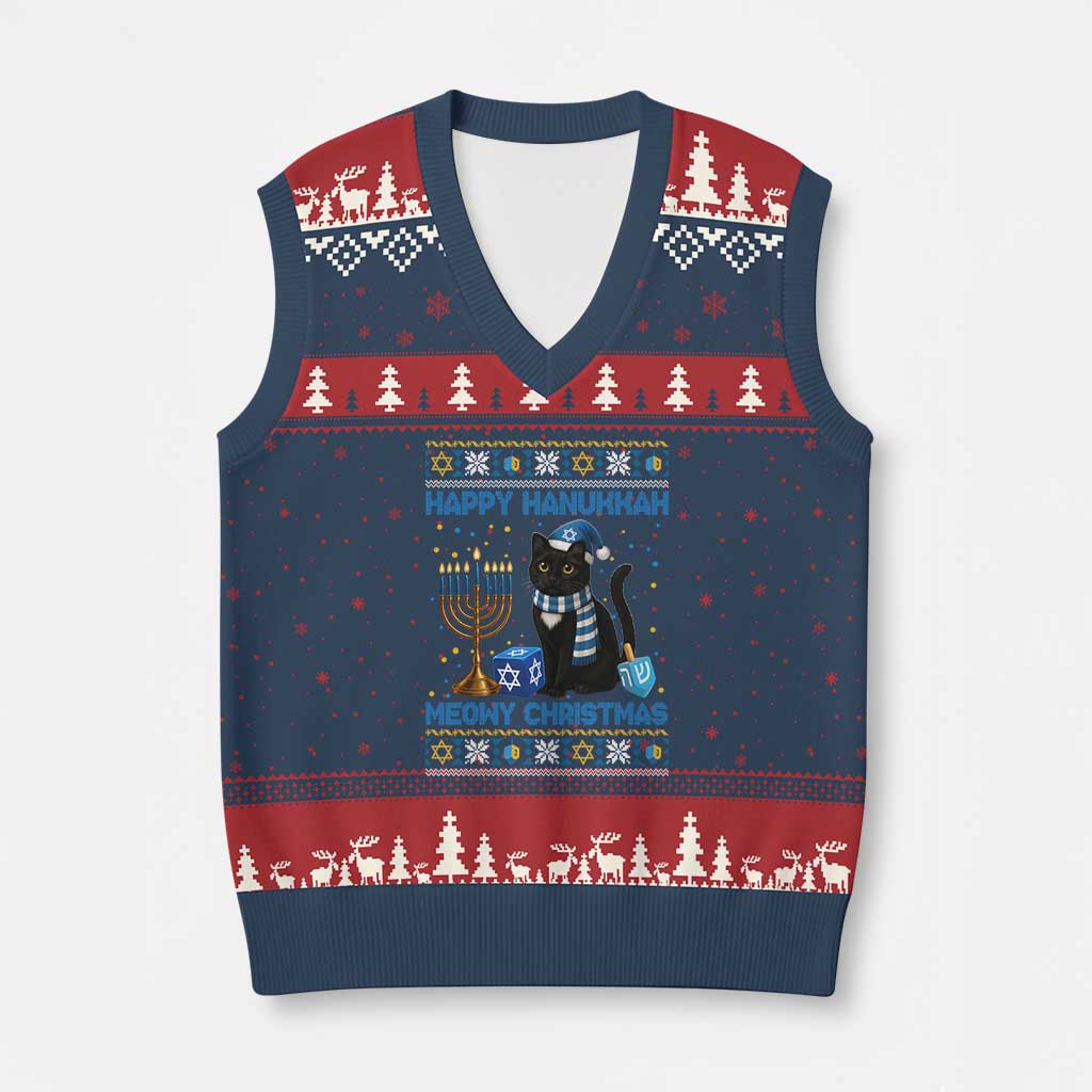 Hanukkah Cat Lover Gifts V-Neck Knit Sweater Vest Happy Hanukkah Meowy Xmas - Wonder Print Shop