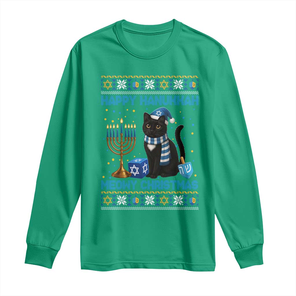 Hanukkah Cat Lover Gifts Long Sleeve Shirt Happy Hanukkah Meowy Christmas - Wonder Print Shop