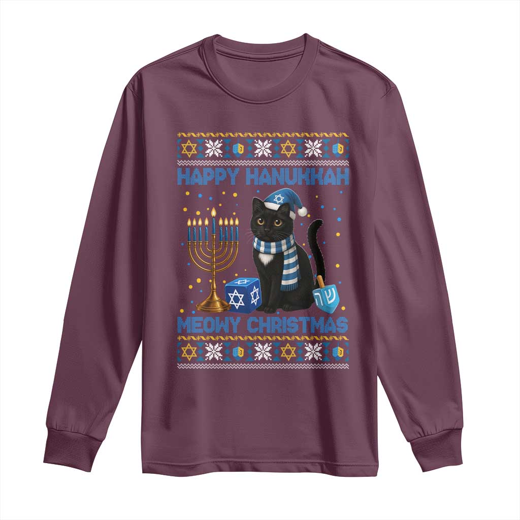 Hanukkah Cat Lover Gifts Long Sleeve Shirt Happy Hanukkah Meowy Christmas - Wonder Print Shop