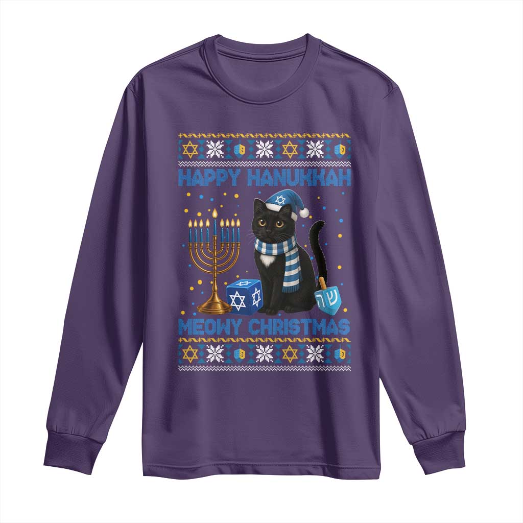 Hanukkah Cat Lover Gifts Long Sleeve Shirt Happy Hanukkah Meowy Christmas - Wonder Print Shop