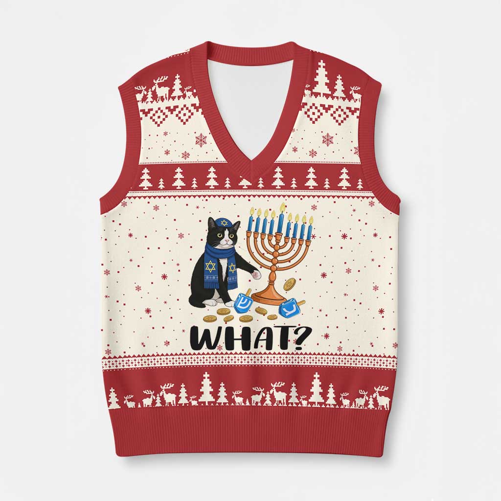 Funny Black Cat Chaos Hanukkah Menorah Gift V-Neck Knit Sweater Vest - Wonder Print Shop