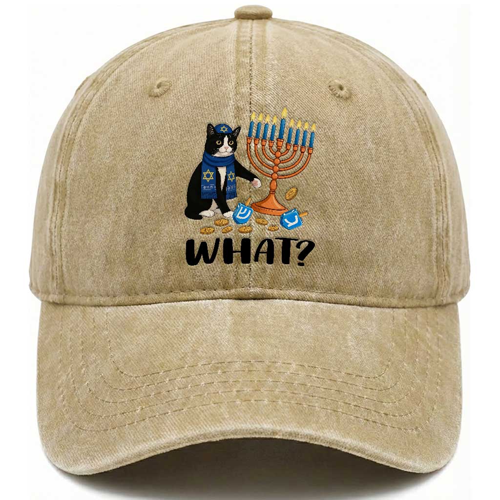 Funny Black Cat Chaos Hanukkah Menorah Gift Washed Cotton Baseball Cap