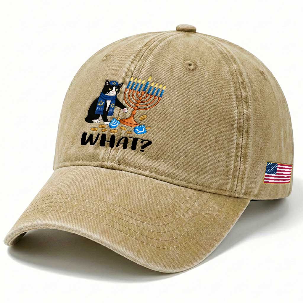 Funny Black Cat Chaos Hanukkah Menorah Gift Washed Cotton Baseball Cap