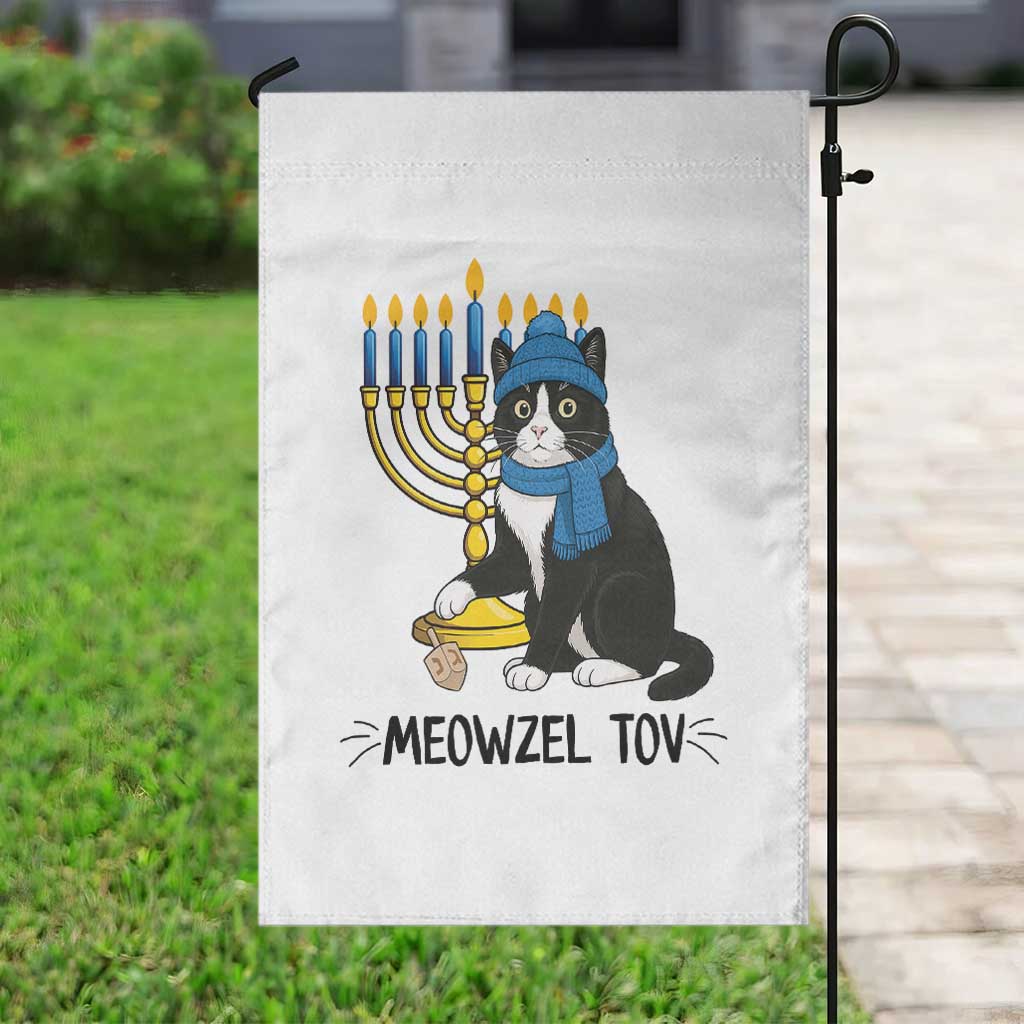 Meowzel Tov Garden Flag Black Cat Playing Dreidel Menorah Hanukkah Gift - Wonder Print Shop