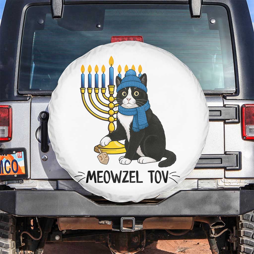 Meowzel Tov Spare Tire Cover Black Cat Playing Dreidel Menorah Hanukkah Gift - Wonder Print Shop