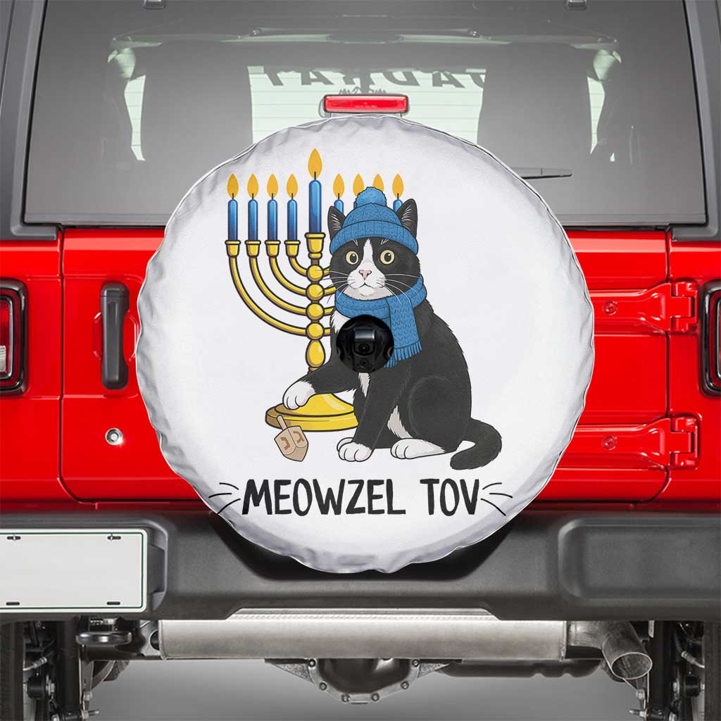 Meowzel Tov Spare Tire Cover Black Cat Playing Dreidel Menorah Hanukkah Gift - Wonder Print Shop
