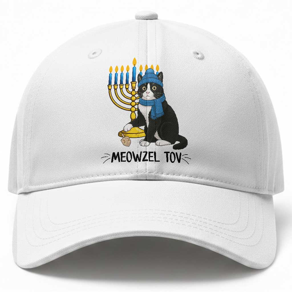 Meowzel Tov Baseball Cap Black Cat Playing Dreidel Menorah Hanukkah Gift
