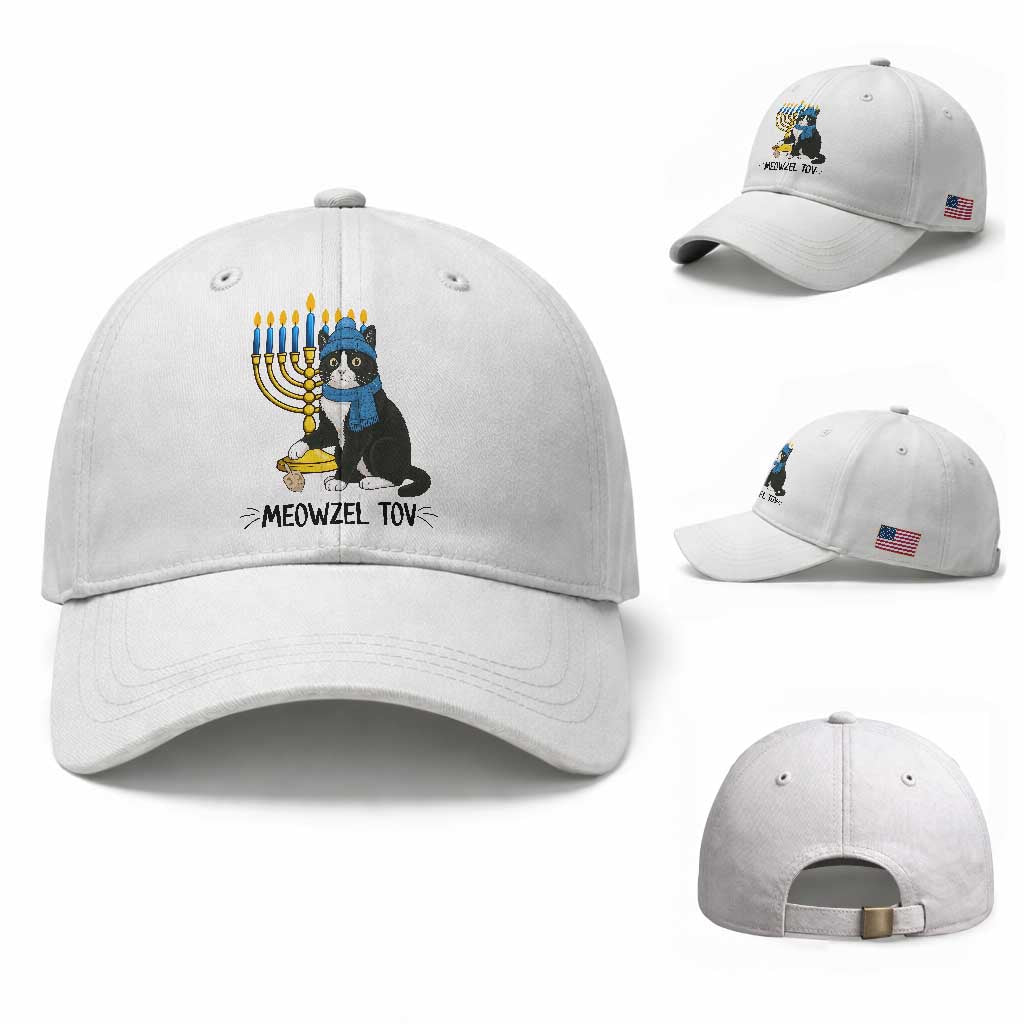 Meowzel Tov Baseball Cap Black Cat Playing Dreidel Menorah Hanukkah Gift
