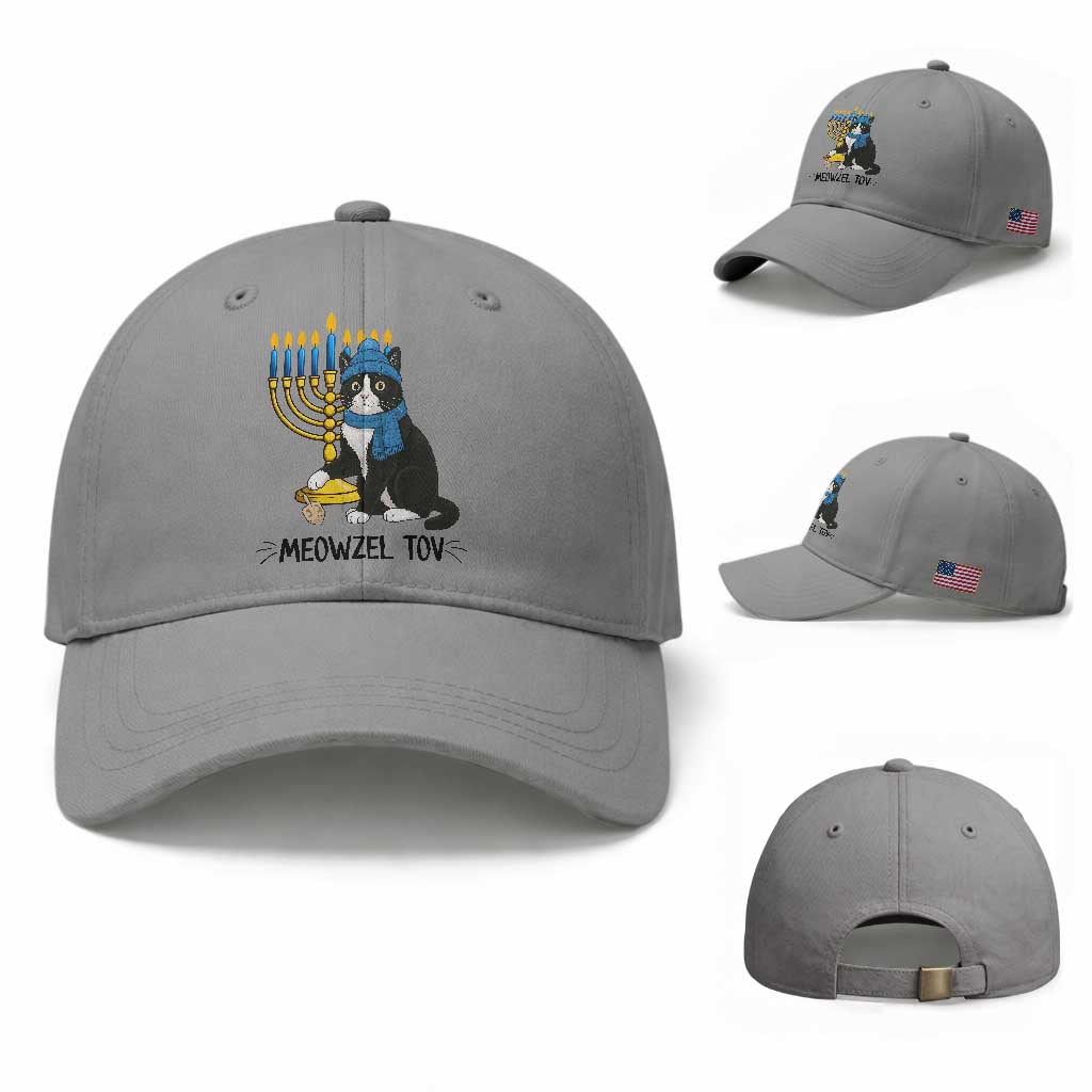 Meowzel Tov Baseball Cap Black Cat Playing Dreidel Menorah Hanukkah Gift