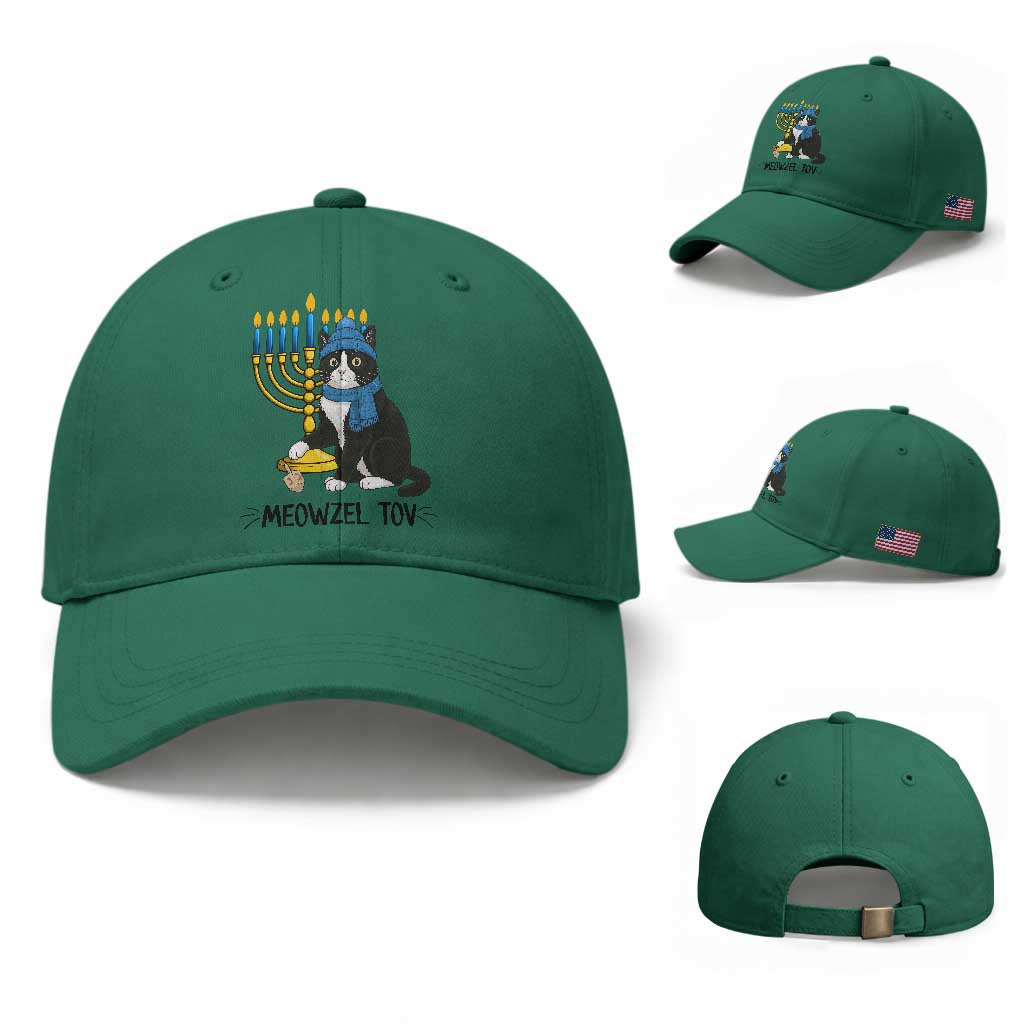 Meowzel Tov Baseball Cap Black Cat Playing Dreidel Menorah Hanukkah Gift