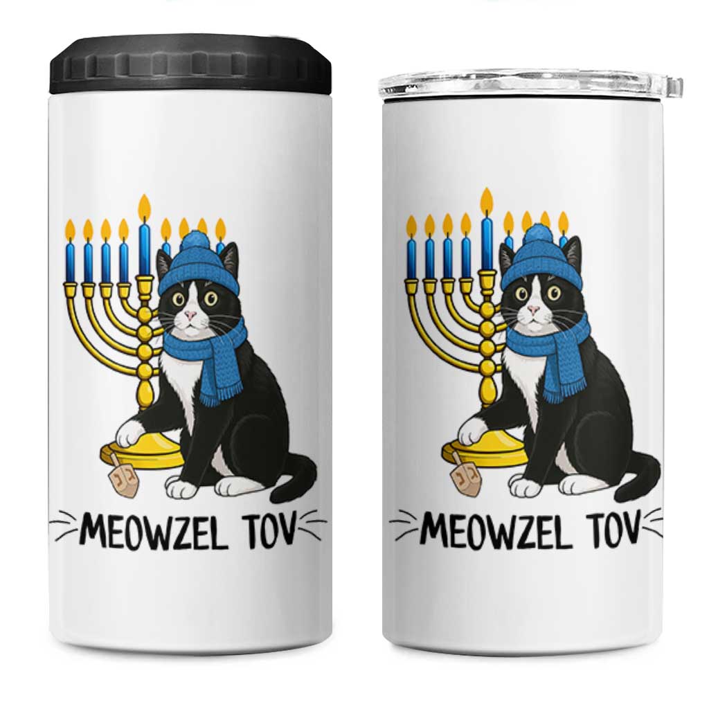 Meowzel Tov 4 in 1 Can Cooler Tumbler Black Cat Playing Dreidel Menorah Hanukkah Gift - Wonder Print Shop