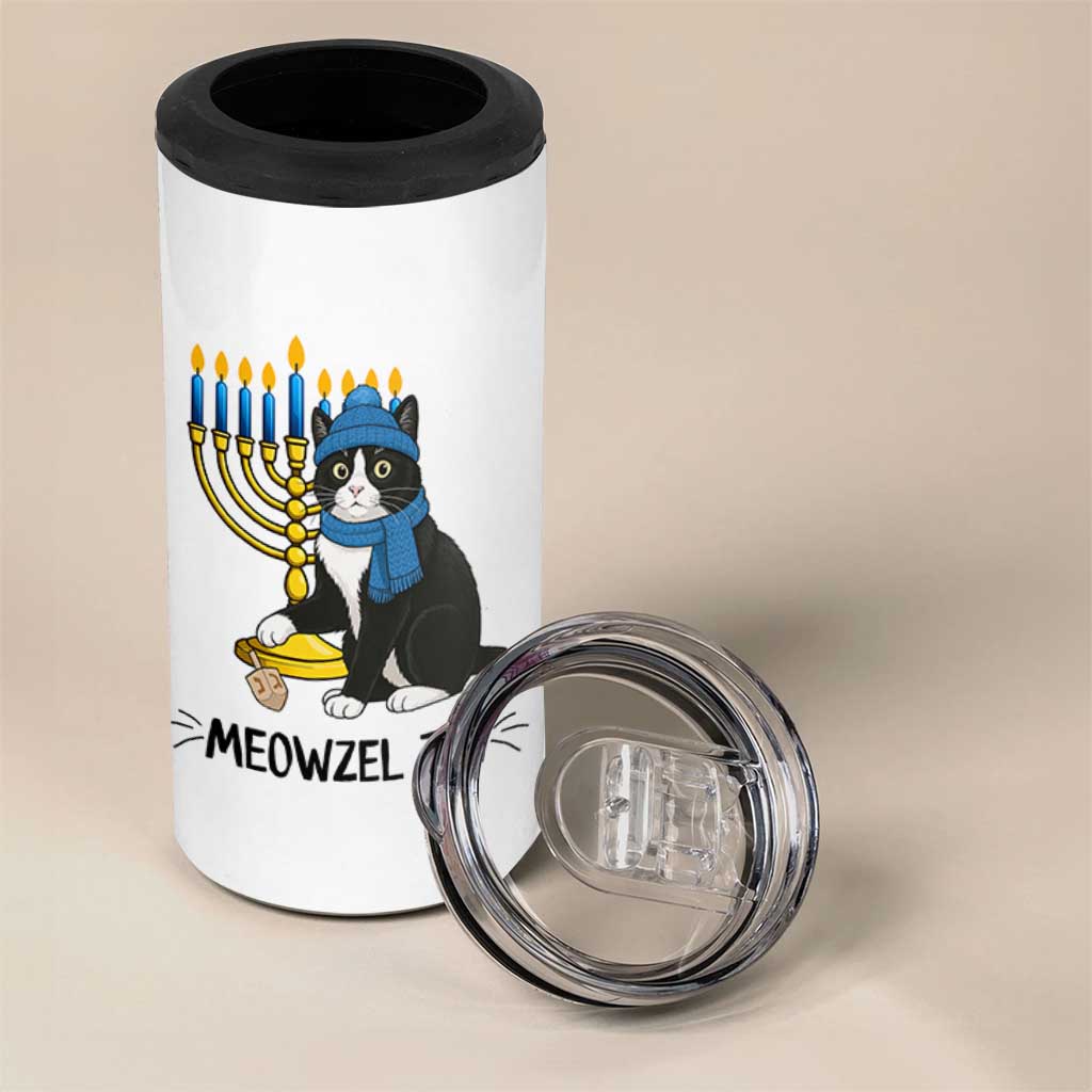 Meowzel Tov 4 in 1 Can Cooler Tumbler Black Cat Playing Dreidel Menorah Hanukkah Gift - Wonder Print Shop