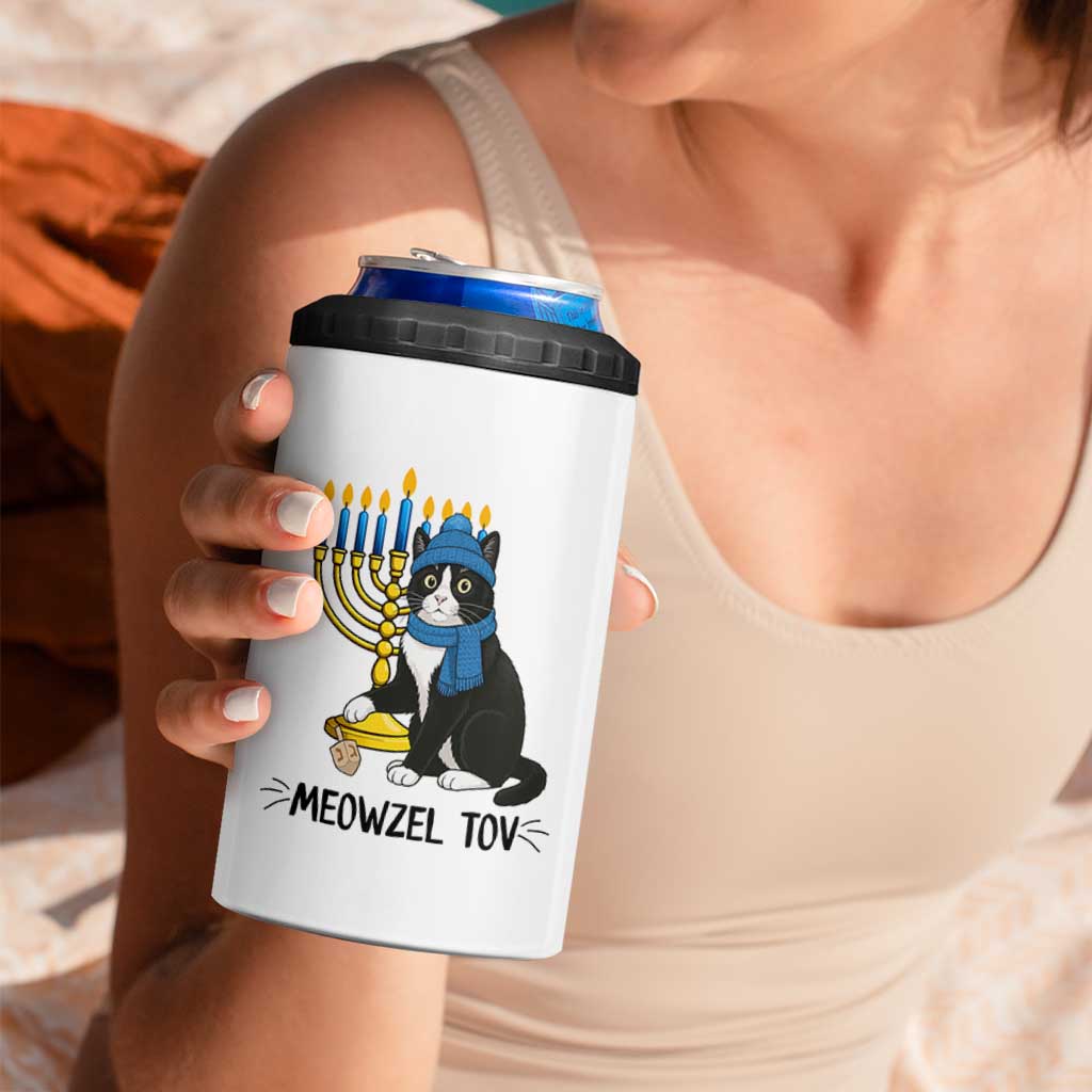 Meowzel Tov 4 in 1 Can Cooler Tumbler Black Cat Playing Dreidel Menorah Hanukkah Gift - Wonder Print Shop