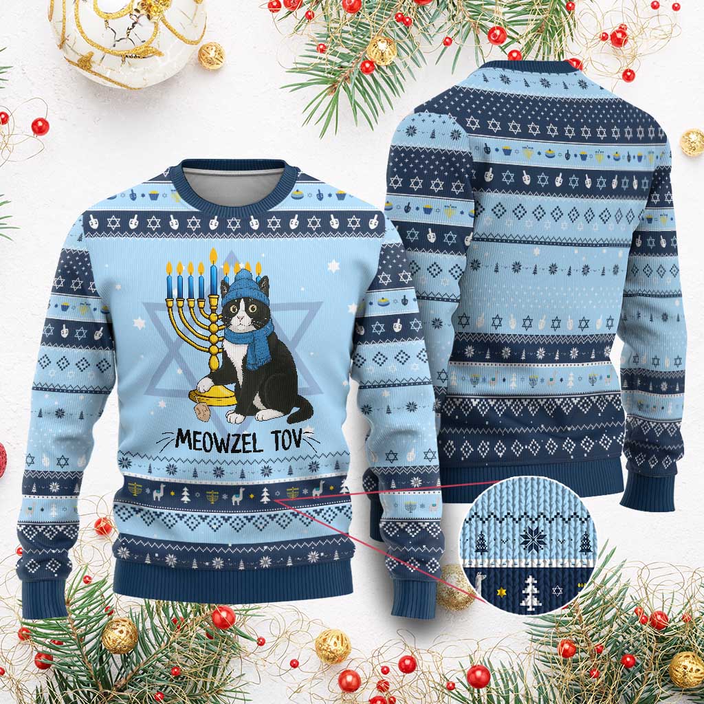 Meowzel Tov Hanukkah Ugly Sweater Black Cat Playing Dreidel Menorah Gift - Wonder Print Shop