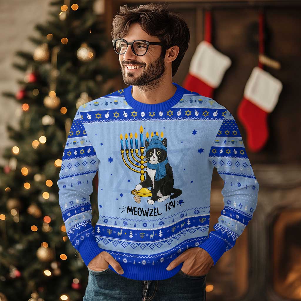 Meowzel Tov Hanukkah Ugly Sweater Black Cat Playing Dreidel Menorah Gift - Wonder Print Shop