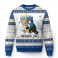 Meowzel Tov Hanukkah Ugly Sweater Black Cat Playing Dreidel Menorah Gift - Wonder Print Shop