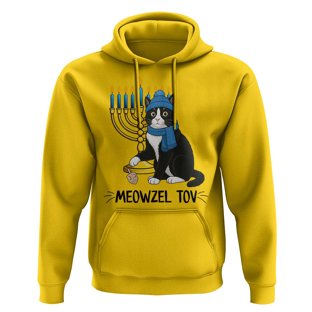 Meowzel Tov Hoodie Black Cat Playing Dreidel Menorah Hanukkah Gift - Wonder Print Shop