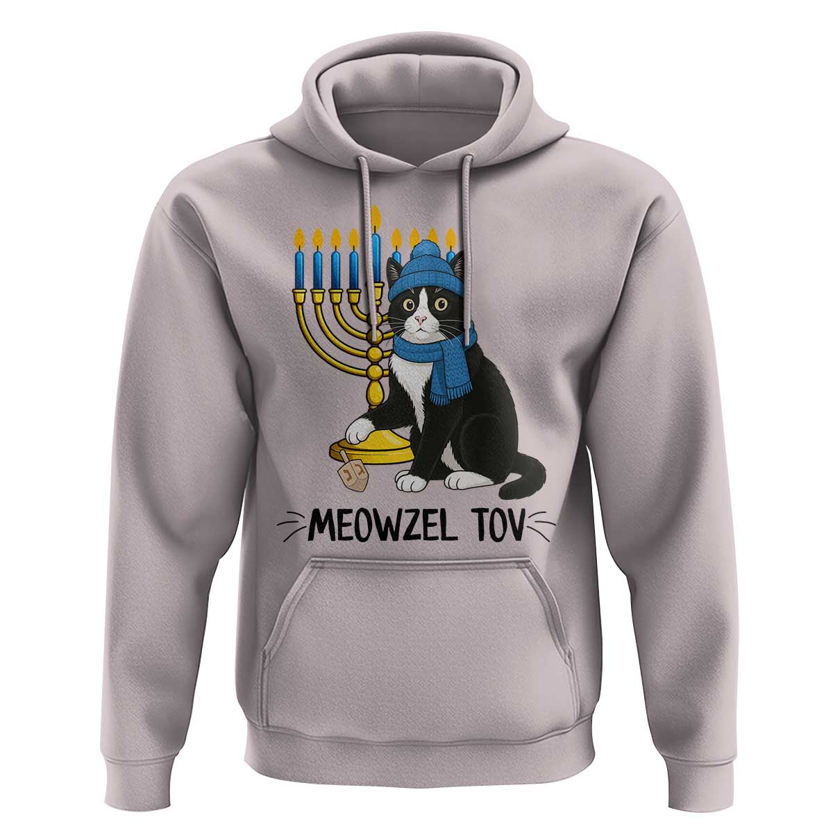 Meowzel Tov Hoodie Black Cat Playing Dreidel Menorah Hanukkah Gift - Wonder Print Shop