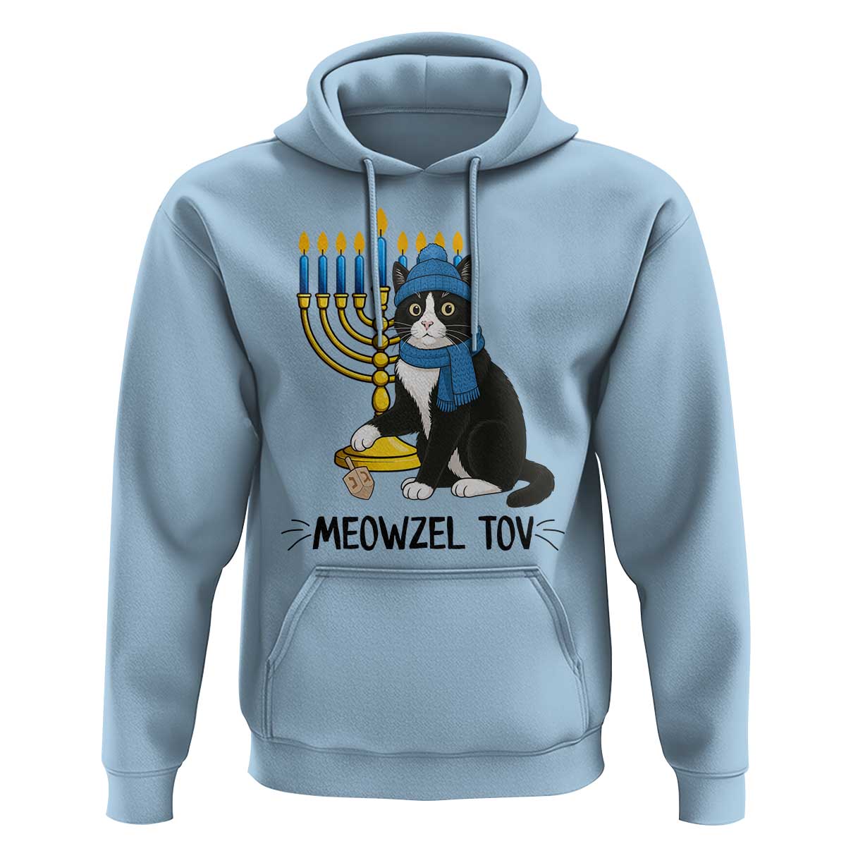 Meowzel Tov Hoodie Black Cat Playing Dreidel Menorah Hanukkah Gift - Wonder Print Shop