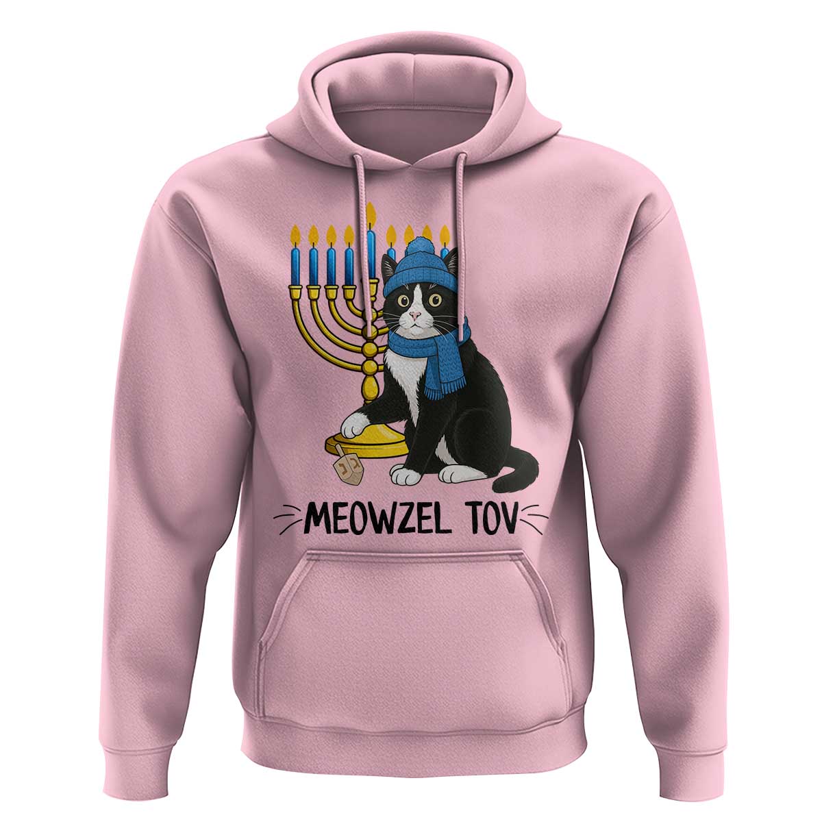 Meowzel Tov Hoodie Black Cat Playing Dreidel Menorah Hanukkah Gift - Wonder Print Shop