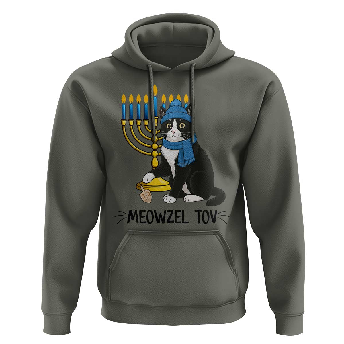 Meowzel Tov Hoodie Black Cat Playing Dreidel Menorah Hanukkah Gift - Wonder Print Shop