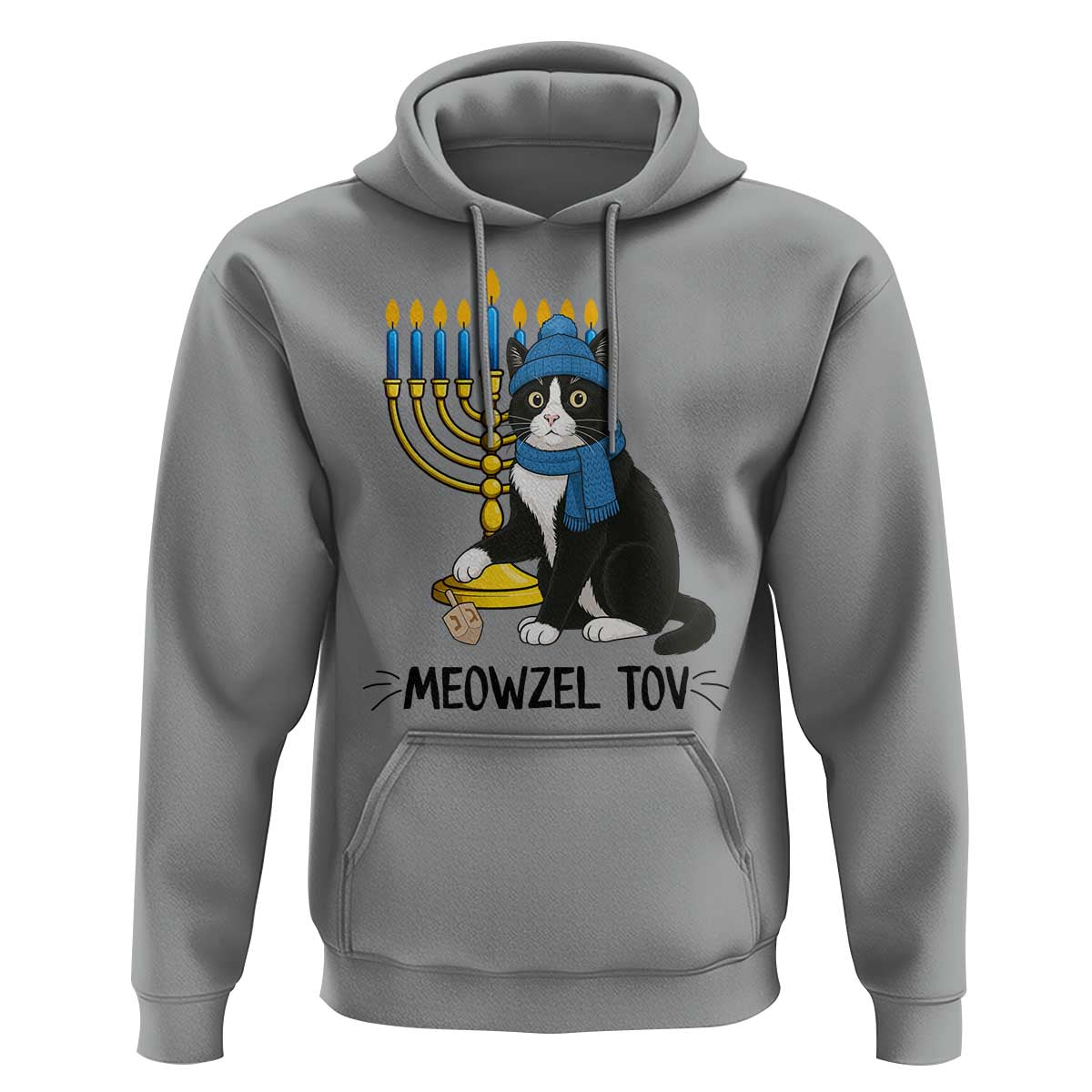 Meowzel Tov Hoodie Black Cat Playing Dreidel Menorah Hanukkah Gift - Wonder Print Shop
