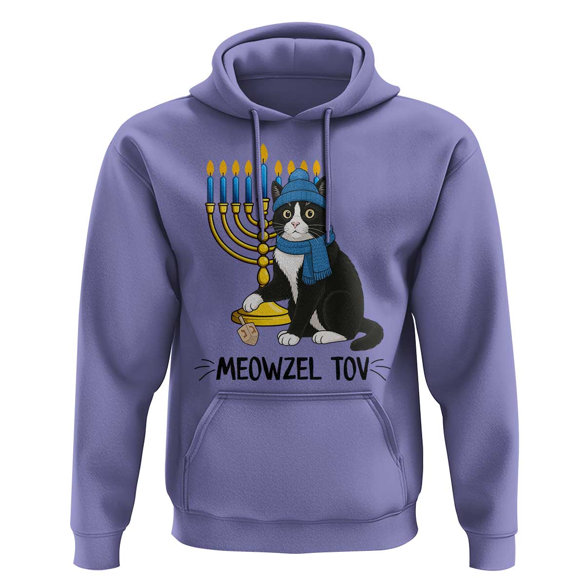 Meowzel Tov Hoodie Black Cat Playing Dreidel Menorah Hanukkah Gift - Wonder Print Shop