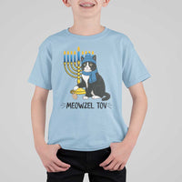 Meowzel Tov T Shirt For Kid Black Cat Playing Dreidel Menorah Hanukkah Gift - Wonder Print Shop