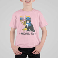 Meowzel Tov T Shirt For Kid Black Cat Playing Dreidel Menorah Hanukkah Gift - Wonder Print Shop
