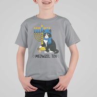 Meowzel Tov T Shirt For Kid Black Cat Playing Dreidel Menorah Hanukkah Gift - Wonder Print Shop