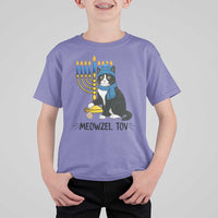 Meowzel Tov T Shirt For Kid Black Cat Playing Dreidel Menorah Hanukkah Gift - Wonder Print Shop
