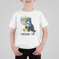 Meowzel Tov T Shirt For Kid Black Cat Playing Dreidel Menorah Hanukkah Gift - Wonder Print Shop