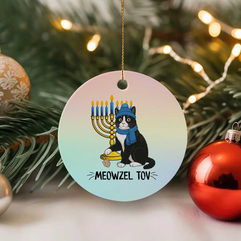 Meowzel Tov Ceramic Ornament Black Cat Playing Dreidel Menorah Hanukkah Gift - Wonder Print Shop