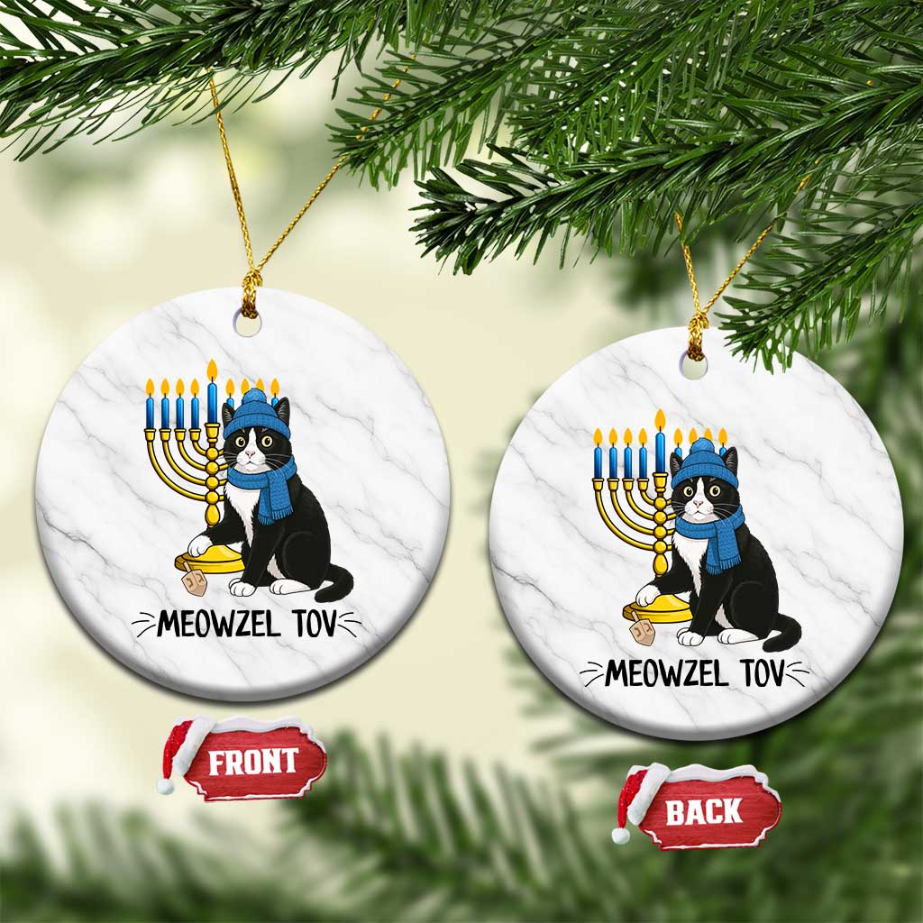 Meowzel Tov Ceramic Ornament Black Cat Playing Dreidel Menorah Hanukkah Gift - Wonder Print Shop