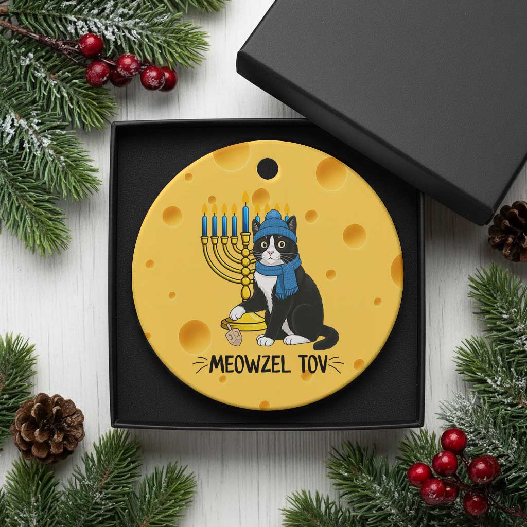 Meowzel Tov Ceramic Ornament Black Cat Playing Dreidel Menorah Hanukkah Gift - Wonder Print Shop