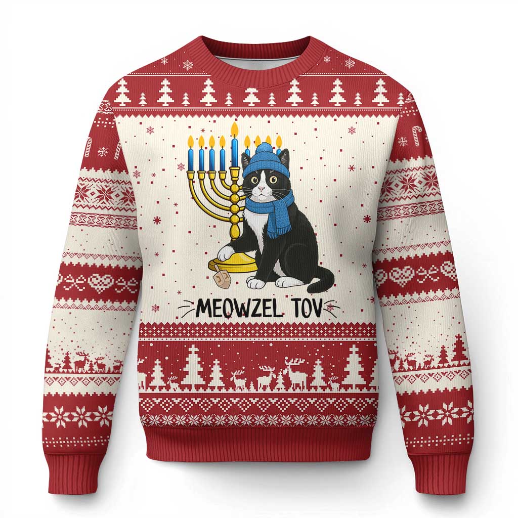 Meowzel Tov Ugly Christmas Sweater Black Cat Playing Dreidel Menorah Hanukkah Gift - Wonder Print Shop