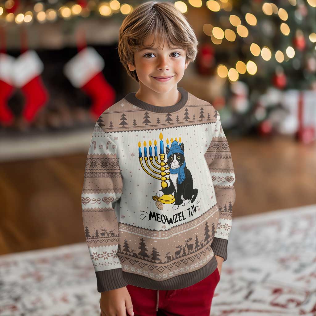 Meowzel Tov Ugly Christmas Sweater Black Cat Playing Dreidel Menorah Hanukkah Gift - Wonder Print Shop