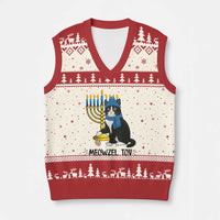 Meowzel Tov V-Neck Knit Sweater Vest Black Cat Playing Dreidel Menorah Hanukkah Gift - Wonder Print Shop
