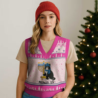 Meowzel Tov V-Neck Knit Sweater Vest Black Cat Playing Dreidel Menorah Hanukkah Gift - Wonder Print Shop