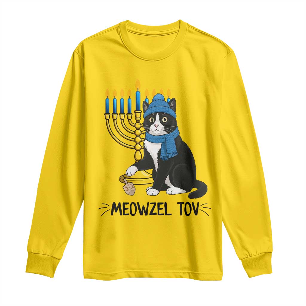 Meowzel Tov Long Sleeve Shirt Black Cat Playing Dreidel Menorah Hanukkah Gift - Wonder Print Shop