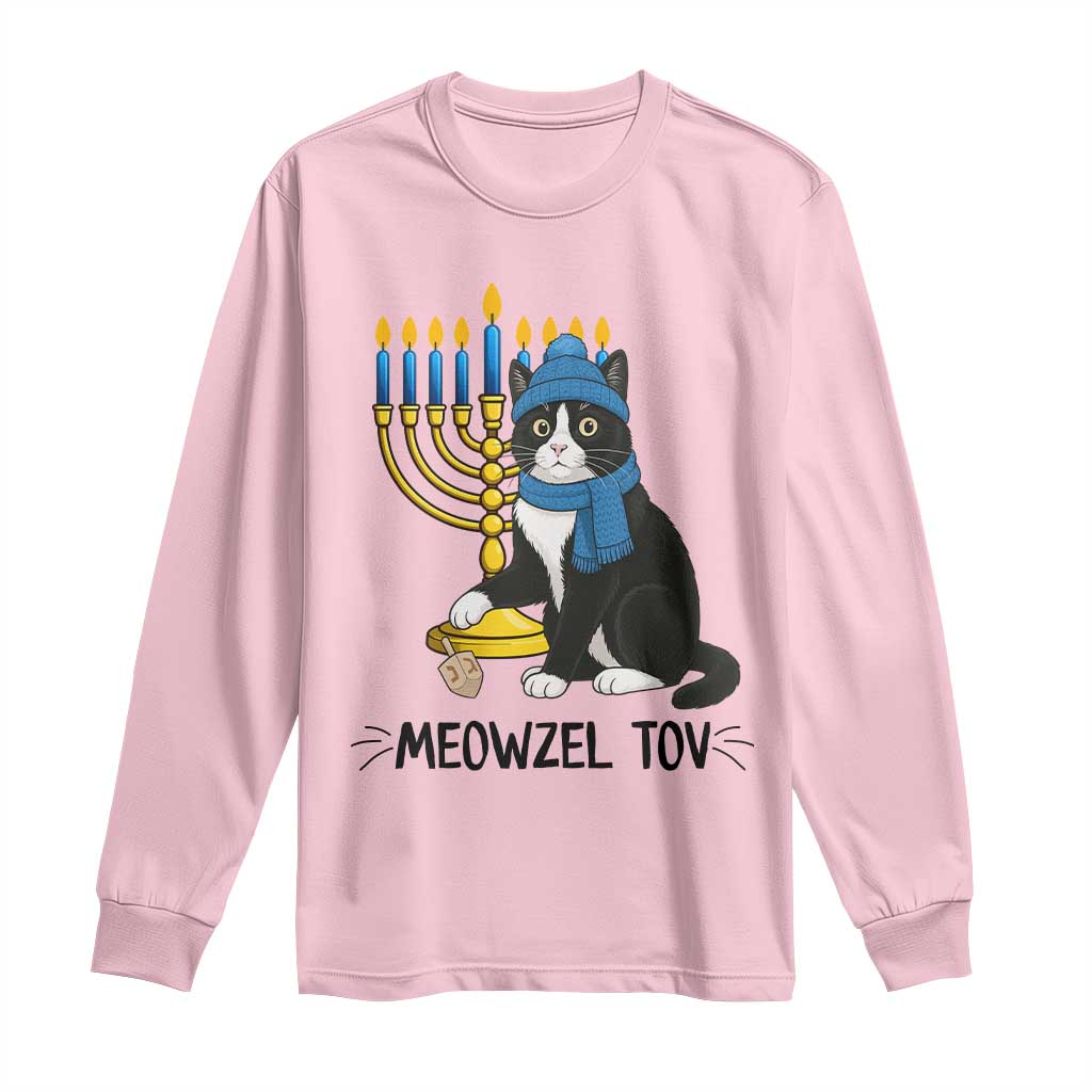 Meowzel Tov Long Sleeve Shirt Black Cat Playing Dreidel Menorah Hanukkah Gift - Wonder Print Shop