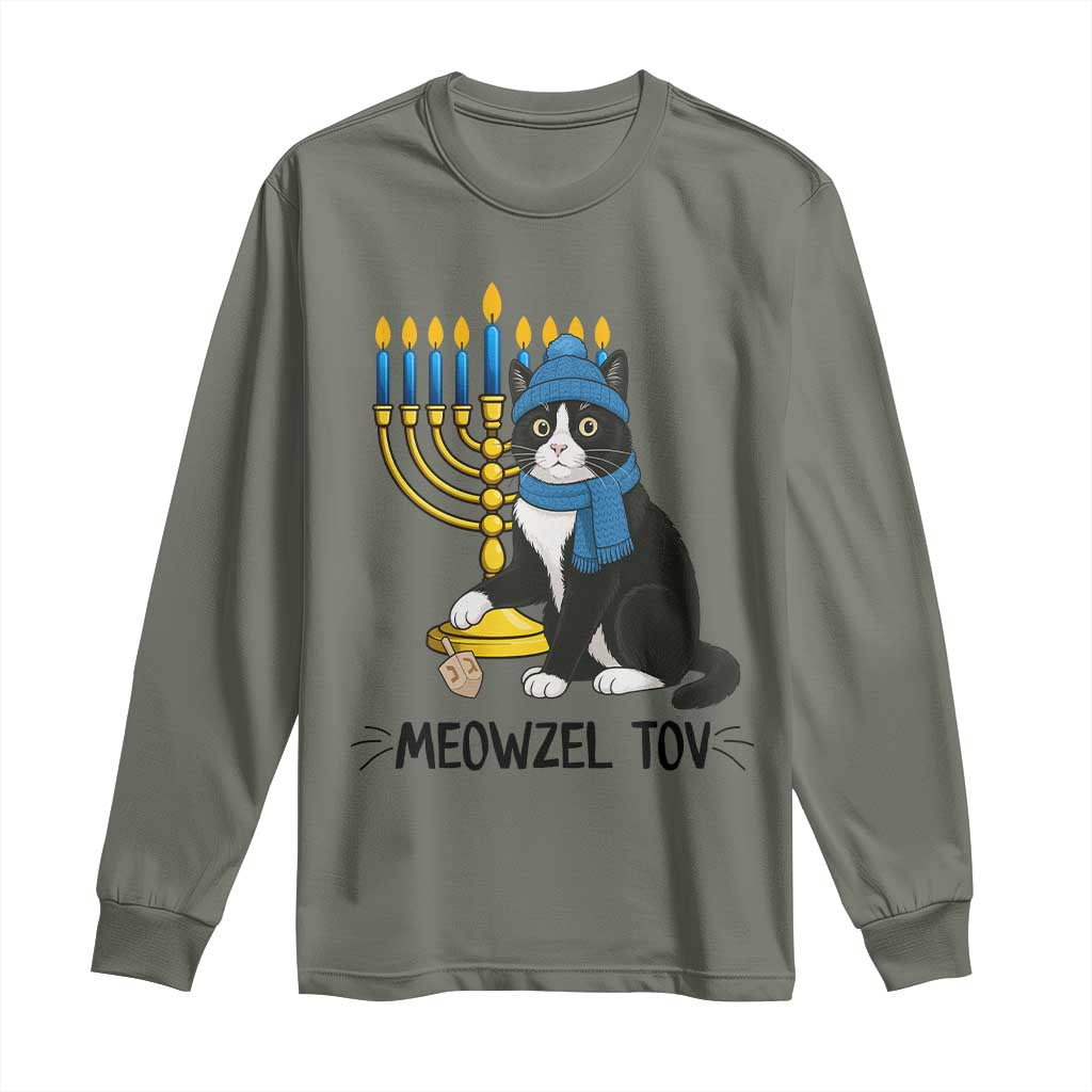 Meowzel Tov Long Sleeve Shirt Black Cat Playing Dreidel Menorah Hanukkah Gift - Wonder Print Shop