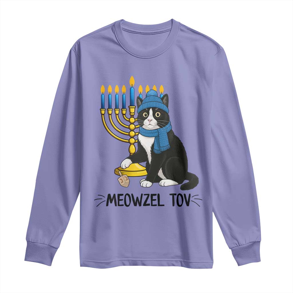 Meowzel Tov Long Sleeve Shirt Black Cat Playing Dreidel Menorah Hanukkah Gift - Wonder Print Shop