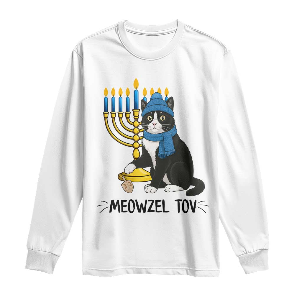 Meowzel Tov Long Sleeve Shirt Black Cat Playing Dreidel Menorah Hanukkah Gift - Wonder Print Shop