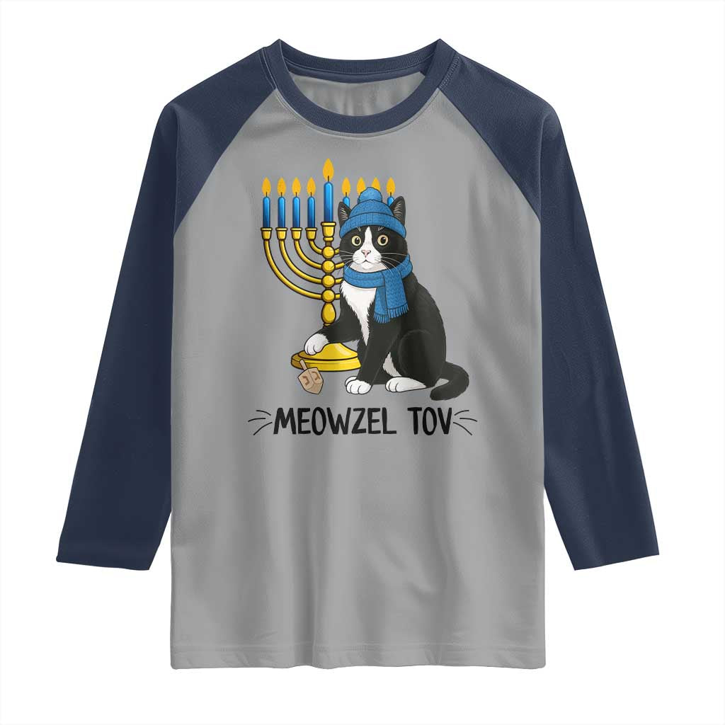 Meowzel Tov Raglan Shirt Black Cat Playing Dreidel Menorah Hanukkah Gift - Wonder Print Shop