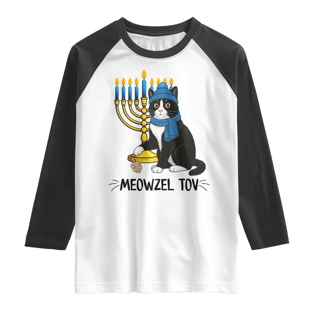 Meowzel Tov Raglan Shirt Black Cat Playing Dreidel Menorah Hanukkah Gift - Wonder Print Shop