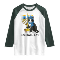 Meowzel Tov Raglan Shirt Black Cat Playing Dreidel Menorah Hanukkah Gift - Wonder Print Shop