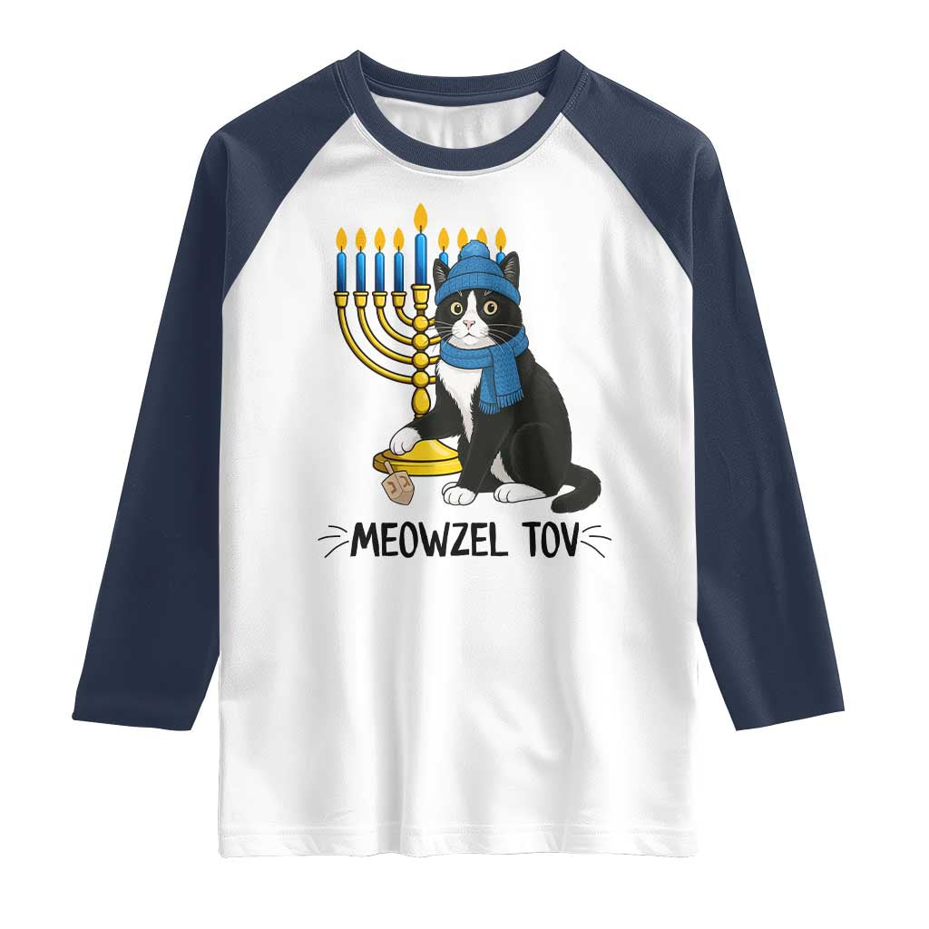 Meowzel Tov Raglan Shirt Black Cat Playing Dreidel Menorah Hanukkah Gift - Wonder Print Shop
