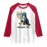 Meowzel Tov Raglan Shirt Black Cat Playing Dreidel Menorah Hanukkah Gift - Wonder Print Shop