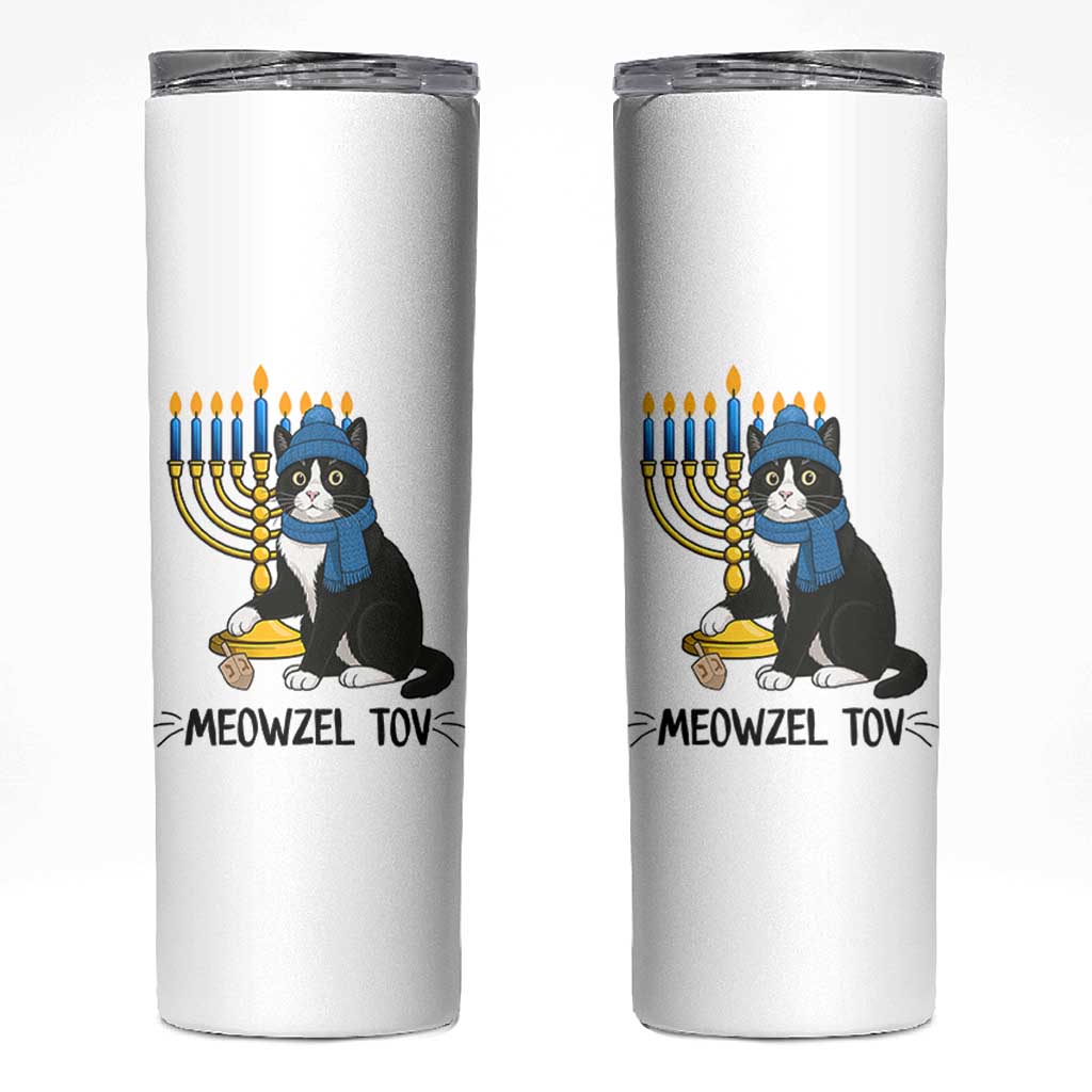 Meowzel Tov Skinny Tumbler Black Cat Playing Dreidel Menorah Hanukkah Gift - Wonder Print Shop